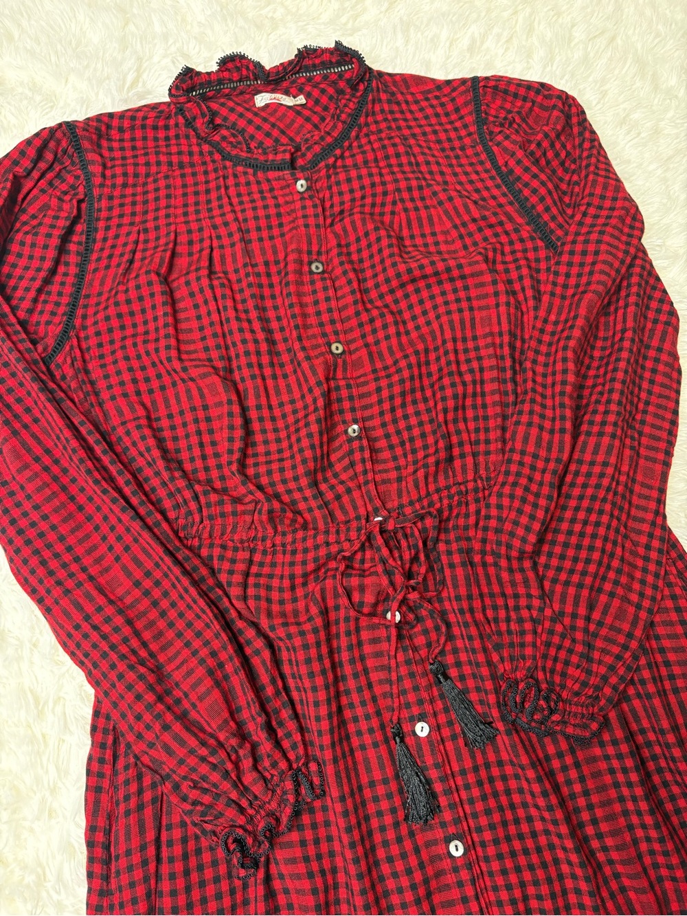 Faherty Sandia Dress Red Black Gingham Plaid Maxi Dress Boho Cottagecore - Picture 7 of 11